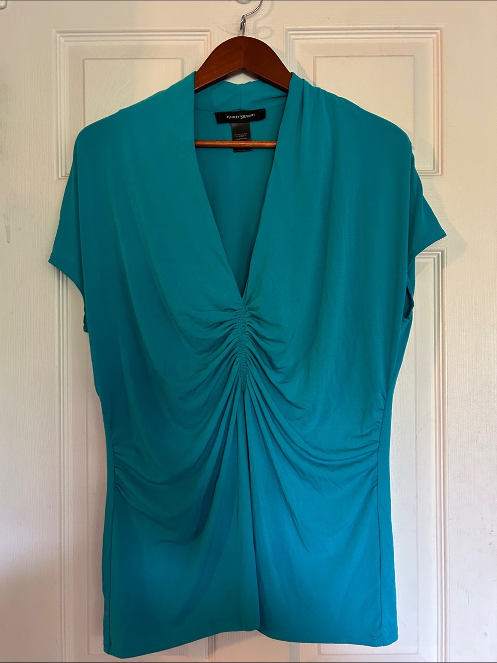 Ashley Stewart Teal Ruched V-Neck Blouse
